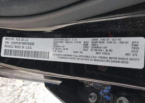 2021 Ram 1500 Big Horn 4X4 5'7 Box z USA, uszkodzony, nr VIN 1C6SRFFT8MN816943